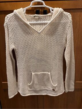 Roxy Cream Open-Weave V-Neck Hooded Sweater